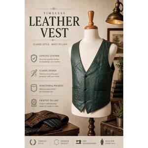 Vintage Dark Green Leather Motorcycle Vest Men's XL 90s Biker Snap Front
